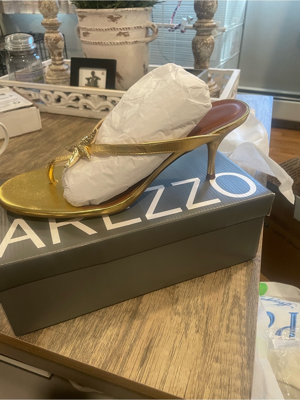 Arezzo Gold Metallic Thong Heel Sandals - Women's